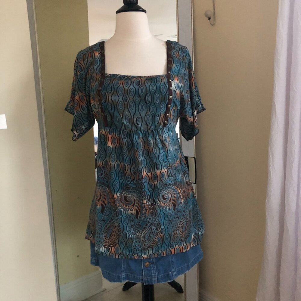Vintage JTB Y2K Top Medium Babydoll Empire Waist Abstract Paisley Studs Boho NWT - Picture 5 of 12